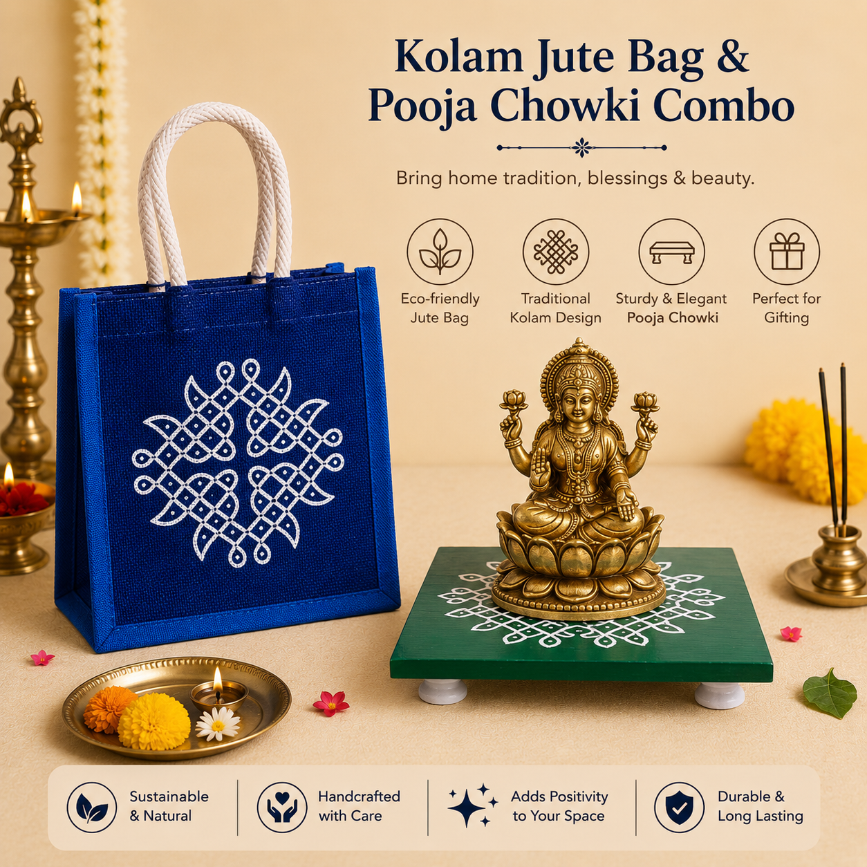 Kolam Print Jute Bag with Kolam Chowki Combo - Traditional Return Gift Set