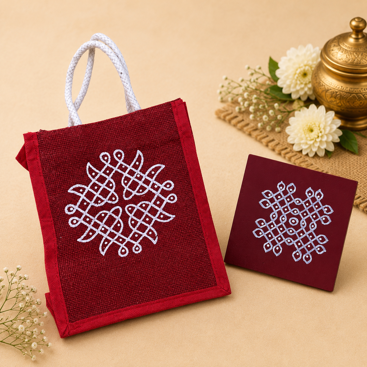 Kolam Jute Bag with Kolam Chowki Combo – Traditional Return Gift Set for Weddings & Festivals