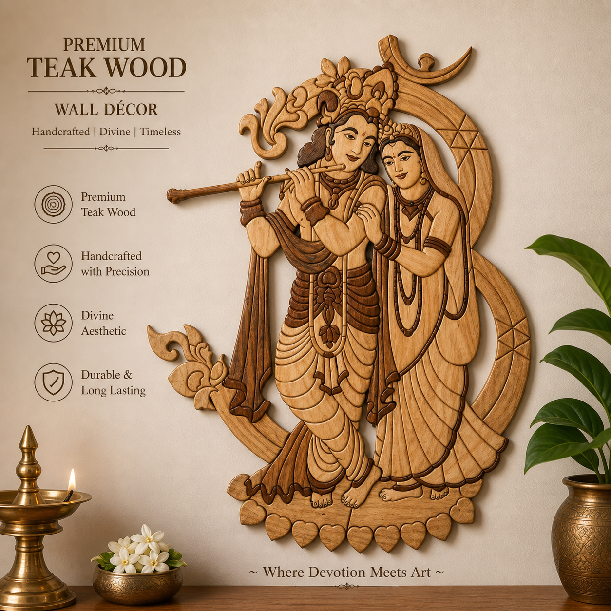 Teak wood Radha Krishna wall decor handmade wooden craft India