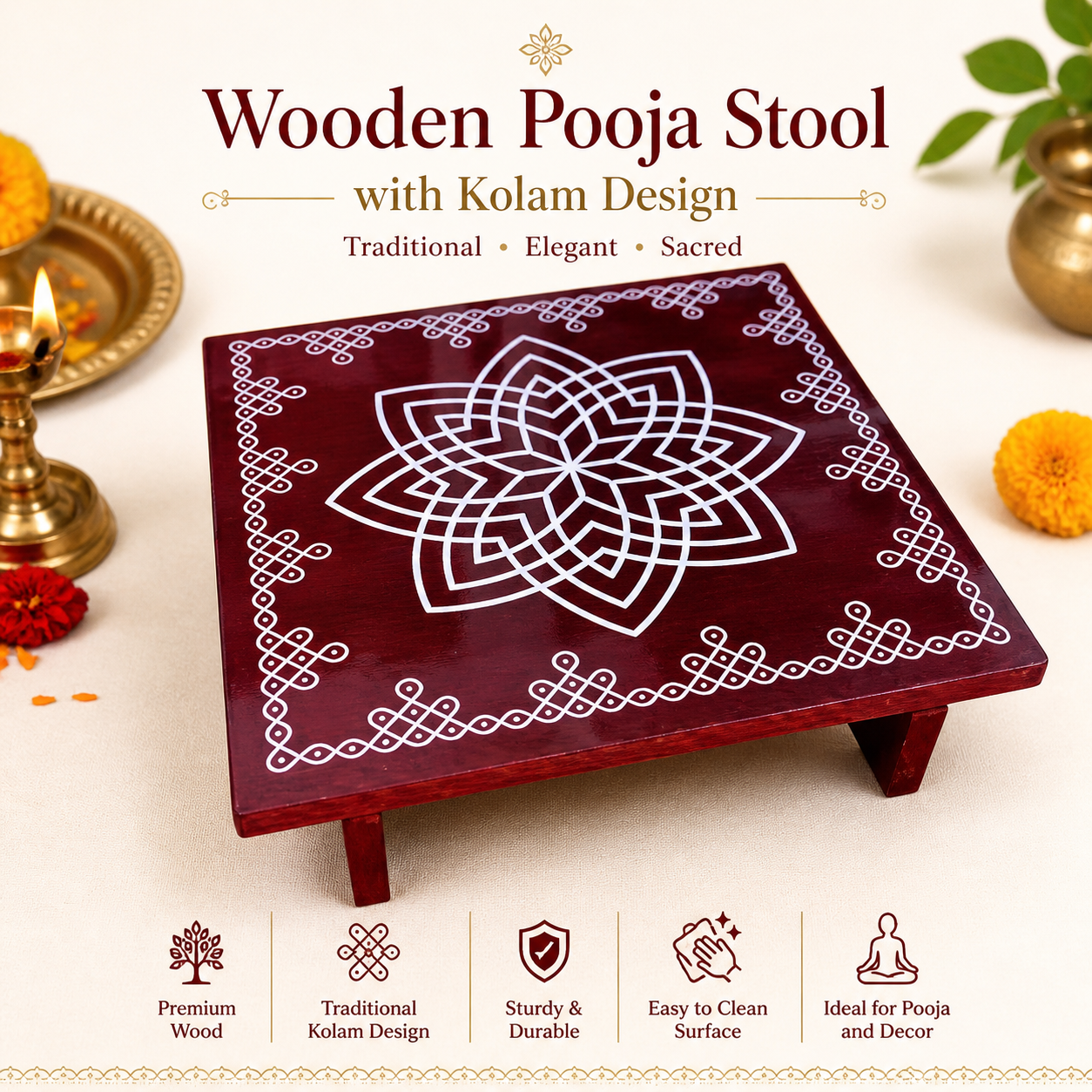 Wooden Pooja Stool with Kolam Design Brown (15x15 cm) Traditional Indian Handicraft