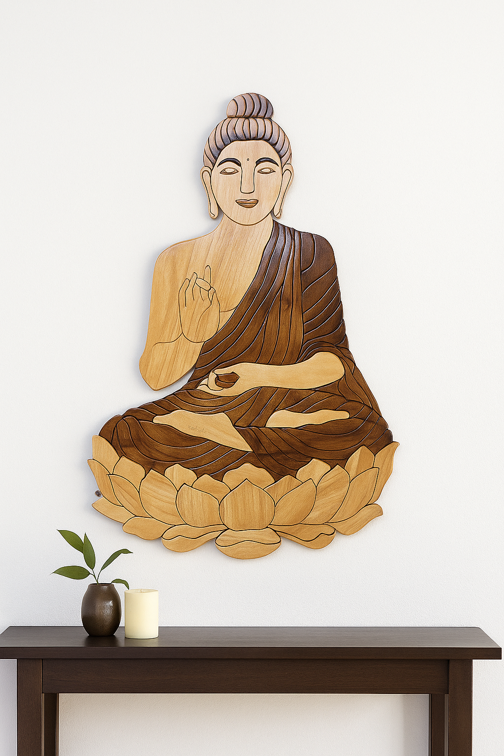 Handcrafted Wooden Lord Buddha Wall Art – Serenity on Lotus
