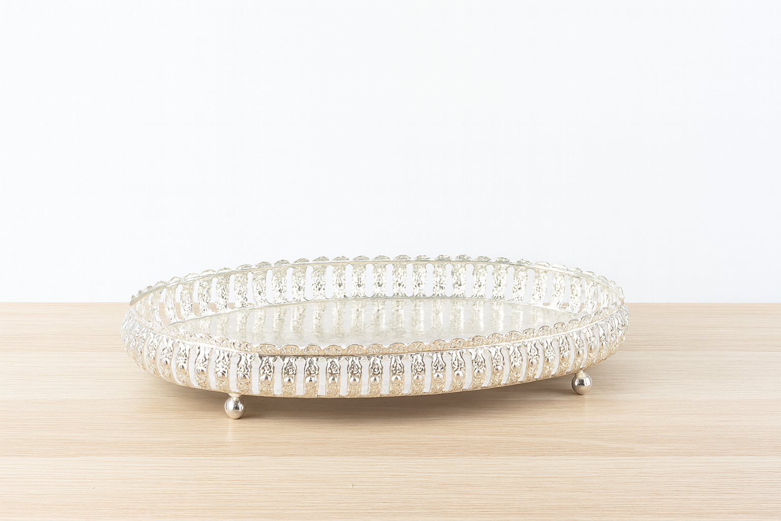 Elegant Silver Plated Oval Decorative Tray – Handcrafted Floral Design Serving & Pooja Thali for Home Décor & Festive Use