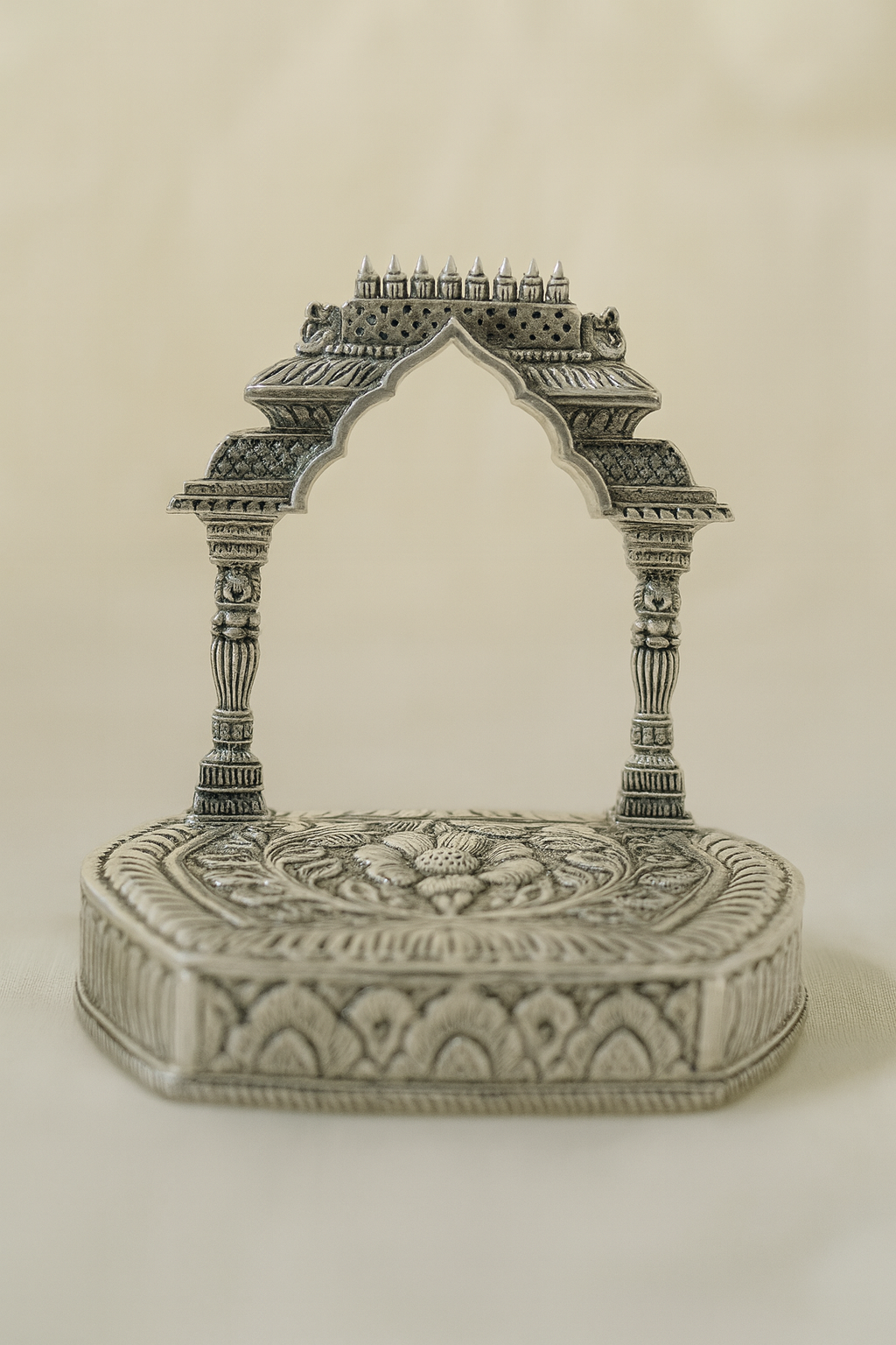 Handcrafted German Silver Temple Base Pair for Idols – Antique Floral Design Decorative Pooja Stand for Home Temple & Festival Décor