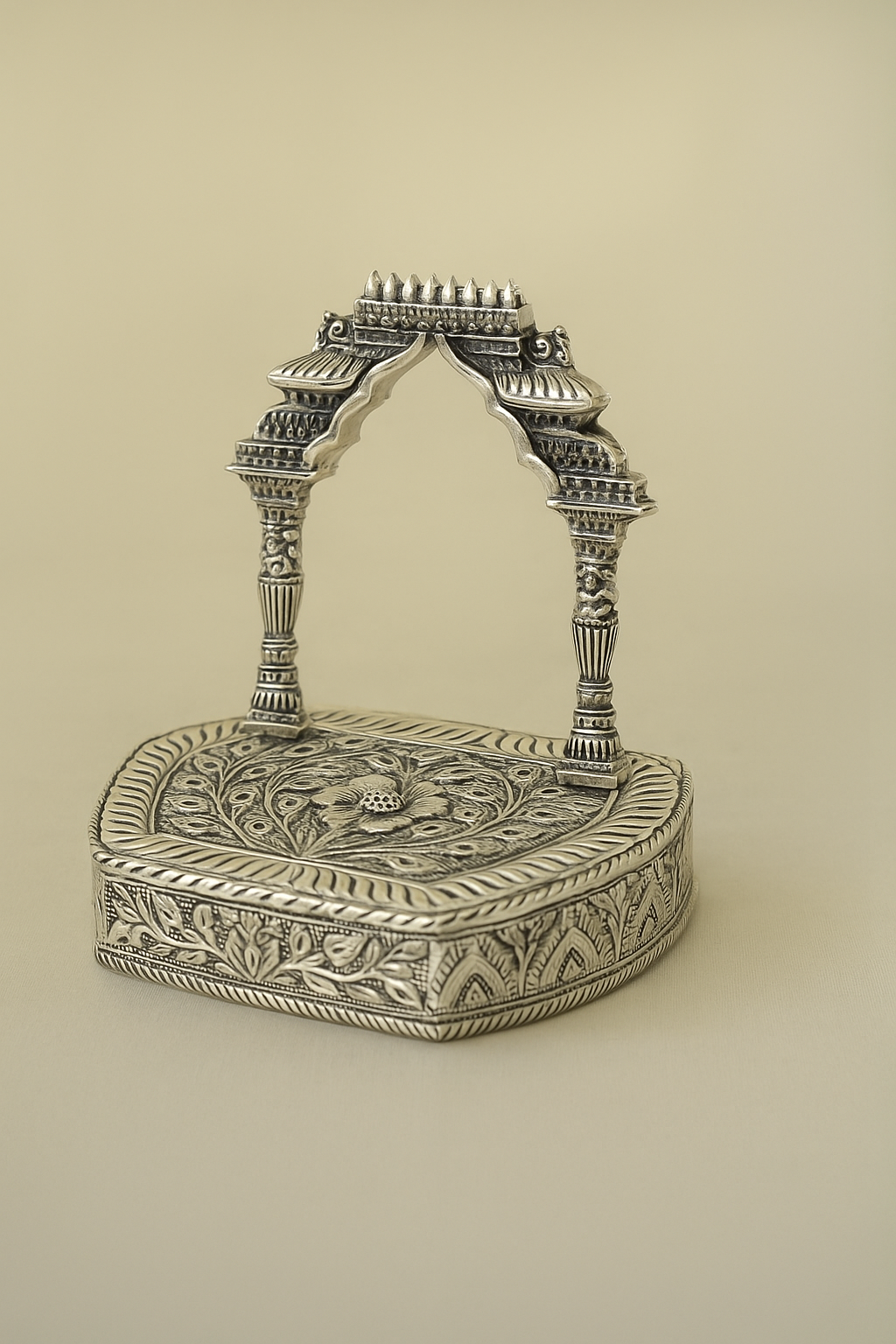 Handcrafted German Silver Temple Base Pair for Idols – Antique Floral Design Decorative Pooja Stand for Home Temple & Festival Décor