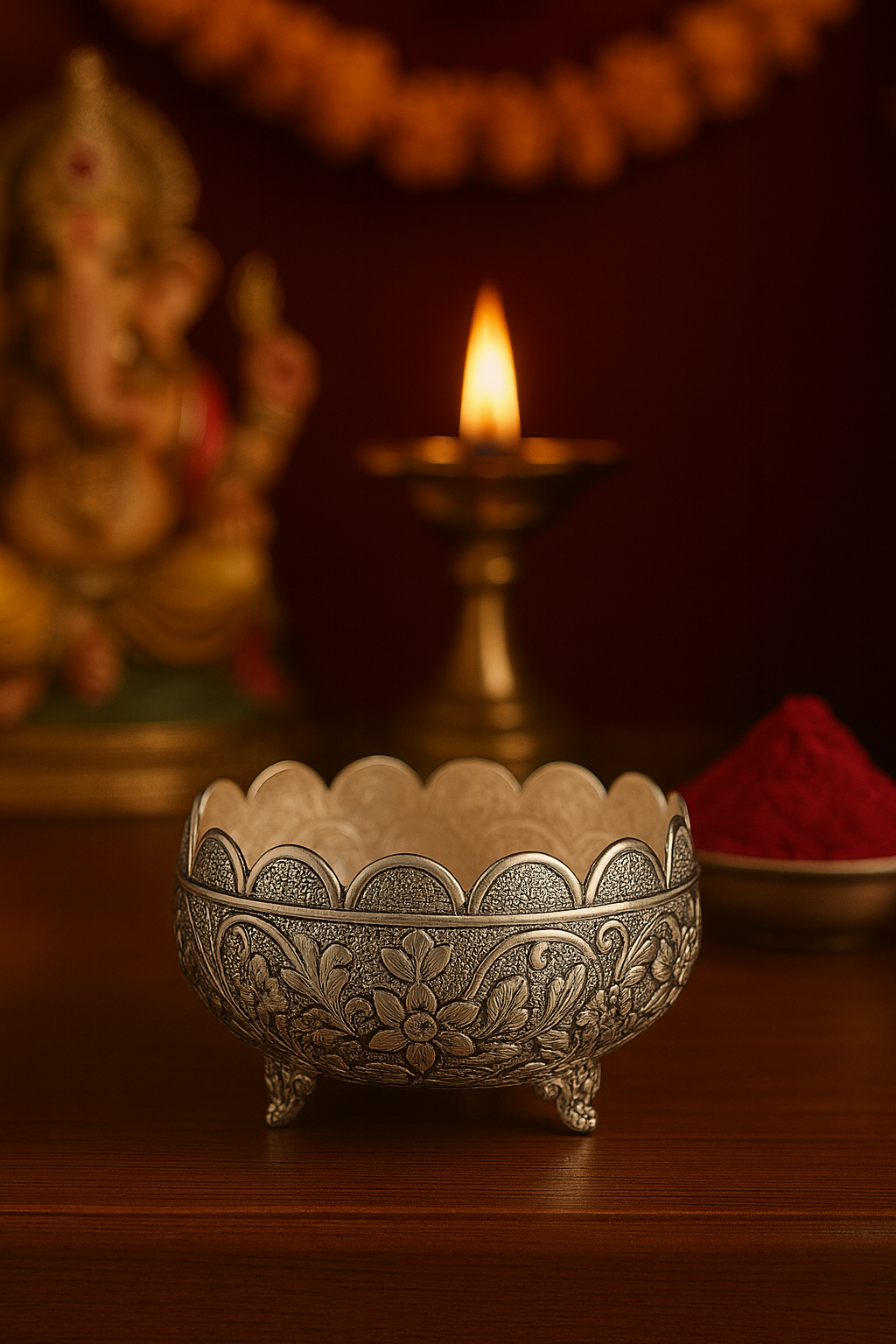 UJ Designs Handcrafted Antique Silver Finish Pooja Bowls – Floral Engraved Pair for Temple Decor