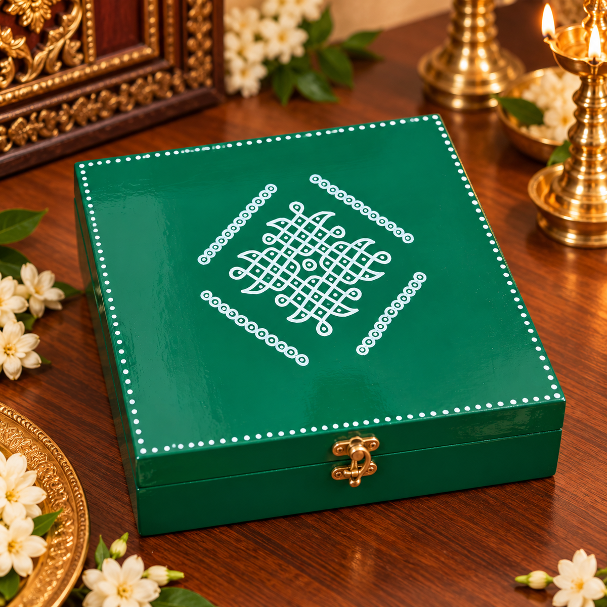 Decorative storage box with kolam art