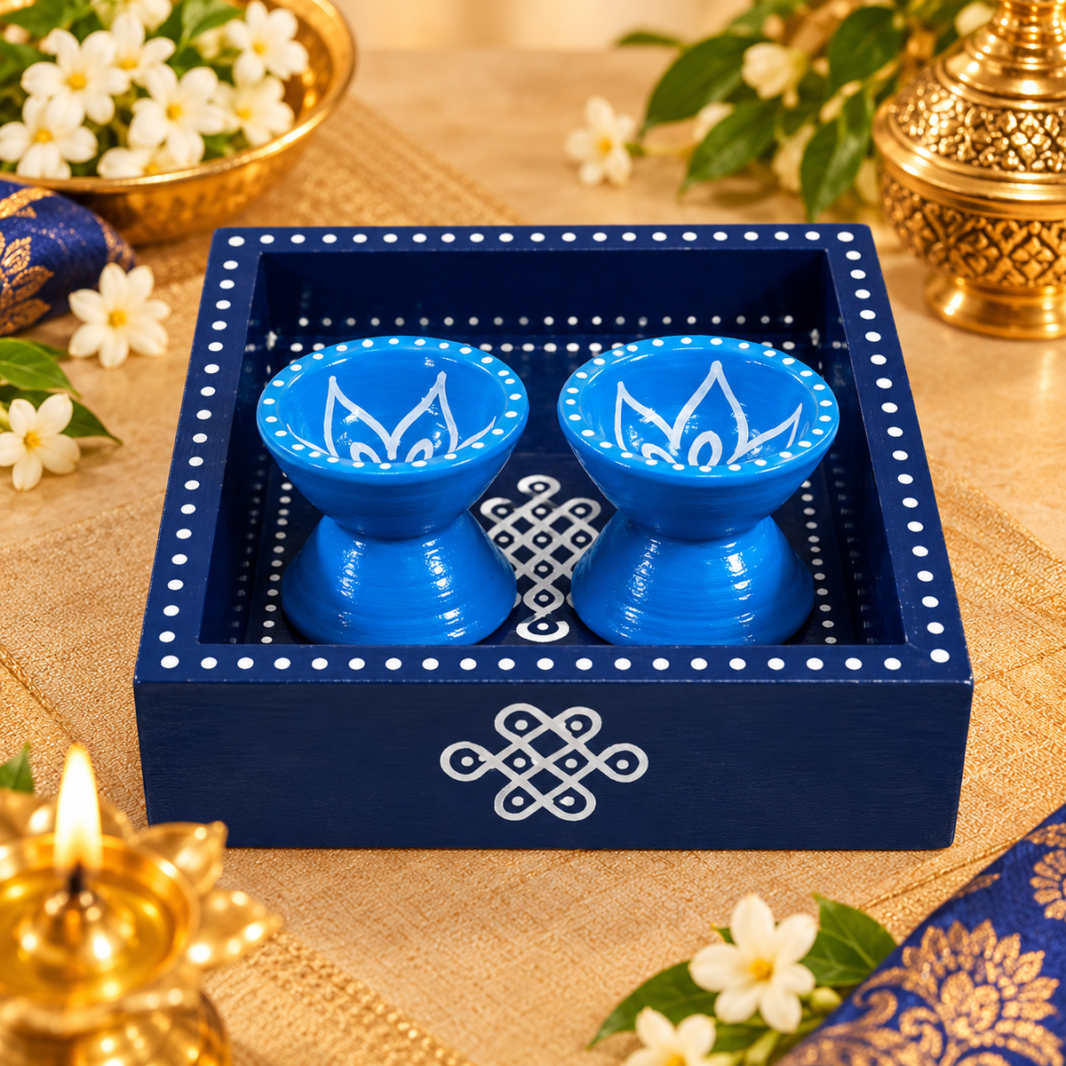 Handpainted Wooden Diya Set with Tray | Traditional Diwali Home Decor & Gift