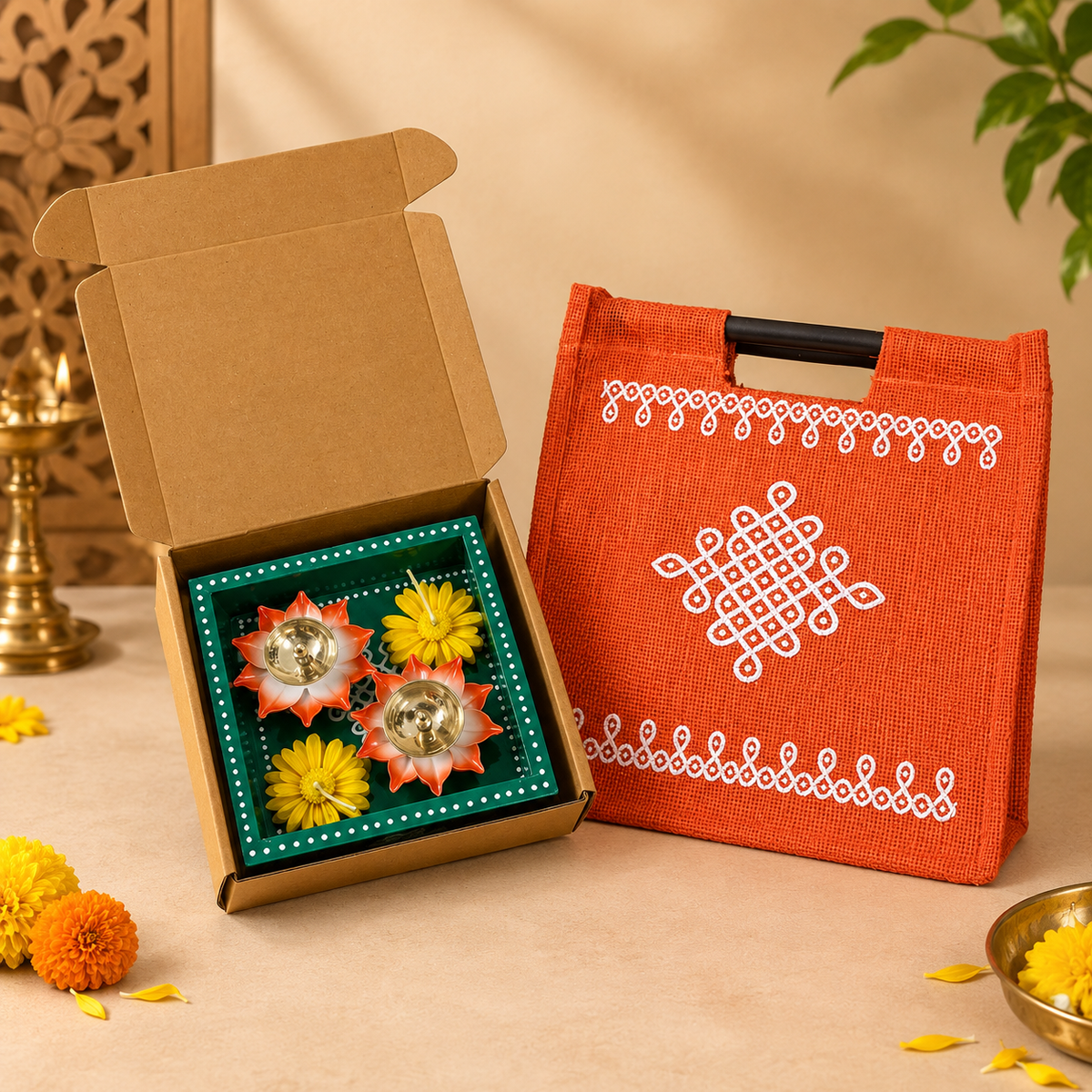 6X6 TRAY, DESI CANDLES-2NO,FLOWER BRASS DIYAS-2NO,  KOLAM STICK BAG8X8