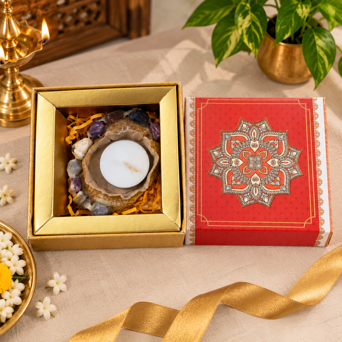 Diwali Gift Box with tlight Candle Holder Made with pellets Ideal for Garden Decor - Corporate or Traditional Gifting
