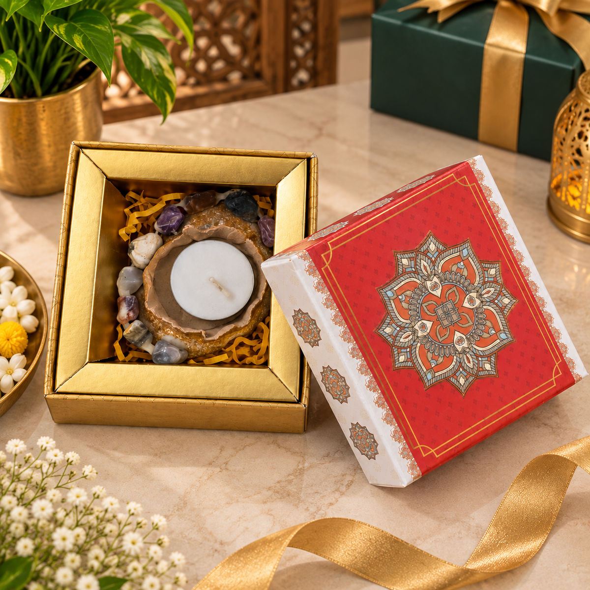 Diwali Gift Box with tlight Candle Holder Made with pellets Ideal for Garden Decor - Corporate or Traditional Gifting