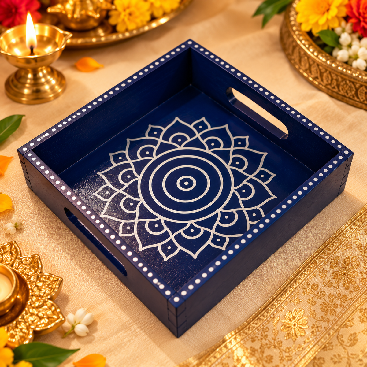 Traditional Decorative Serving Tray for Diwali, Pooja & Return Gifts (8X8 Inch, Blue)
