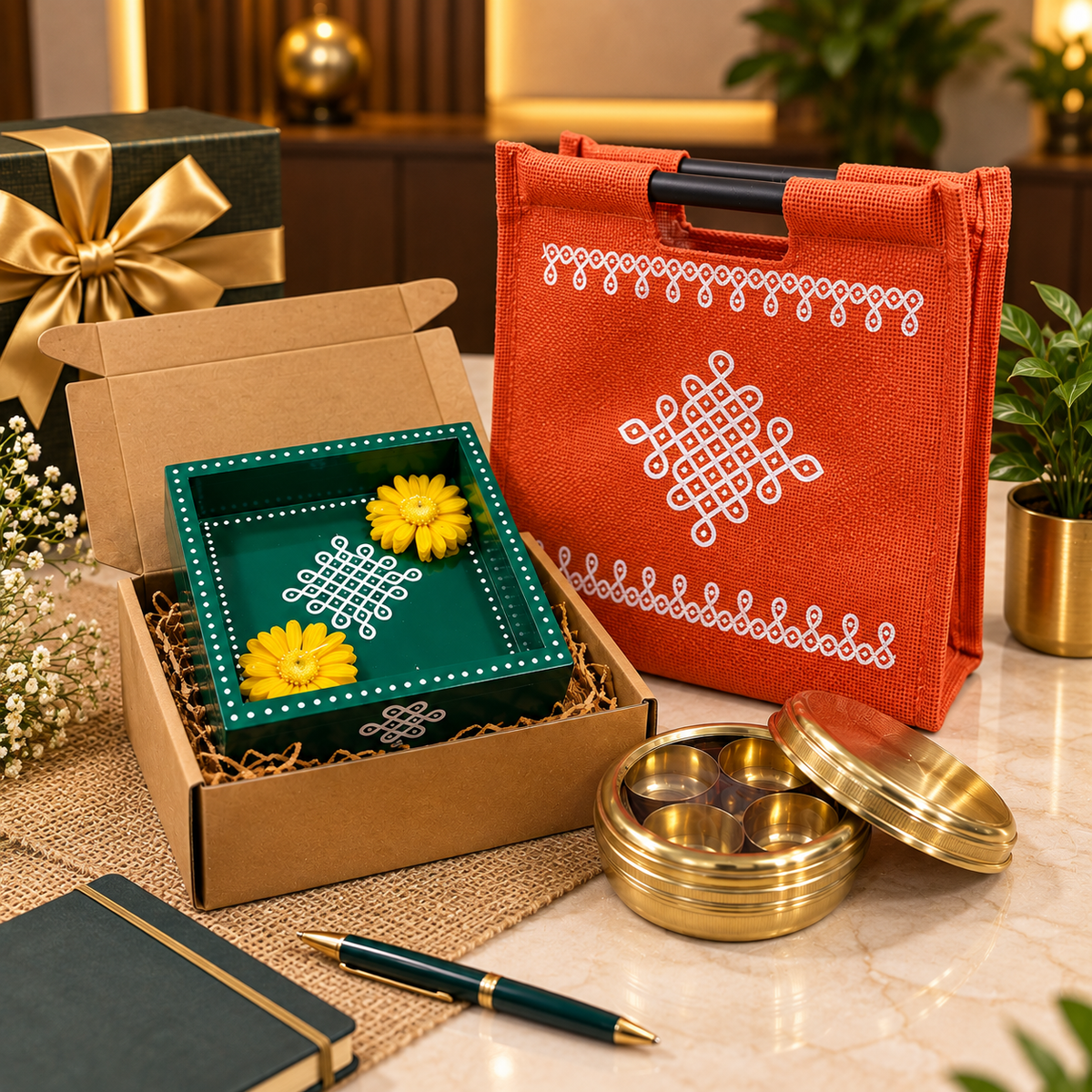 6X6 TRAY, DESI CANDLES-2NO, MASALA BOX,  KOLAM STICK BAG8X8