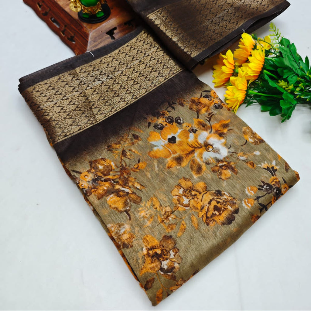 Dola Silk Saree with Floral Leaf Motifs & Banarasi Border – Handloom Pure Silk Saree