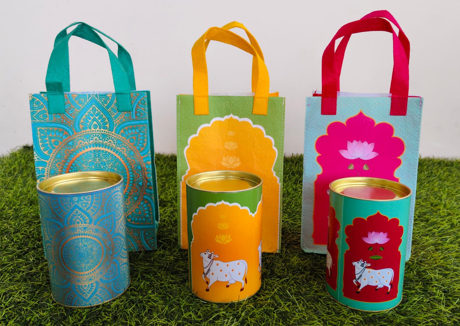 Pichwai Design Felt bags with matching tins | Return Gifts for Wedding Birthdays and festivals