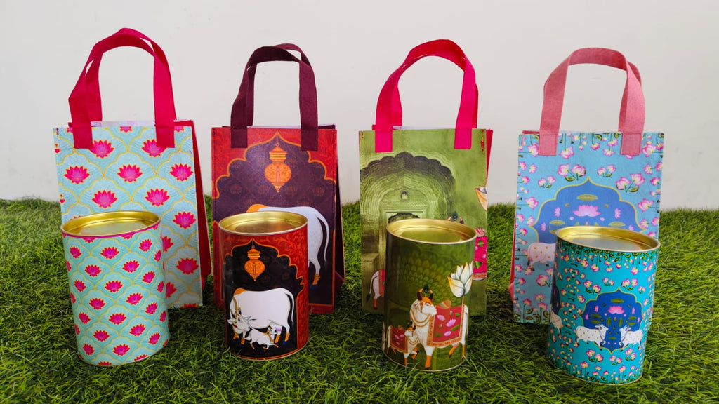 Pichwai Design Felt bags with matching tins | Return Gifts for Wedding Birthdays and festivals