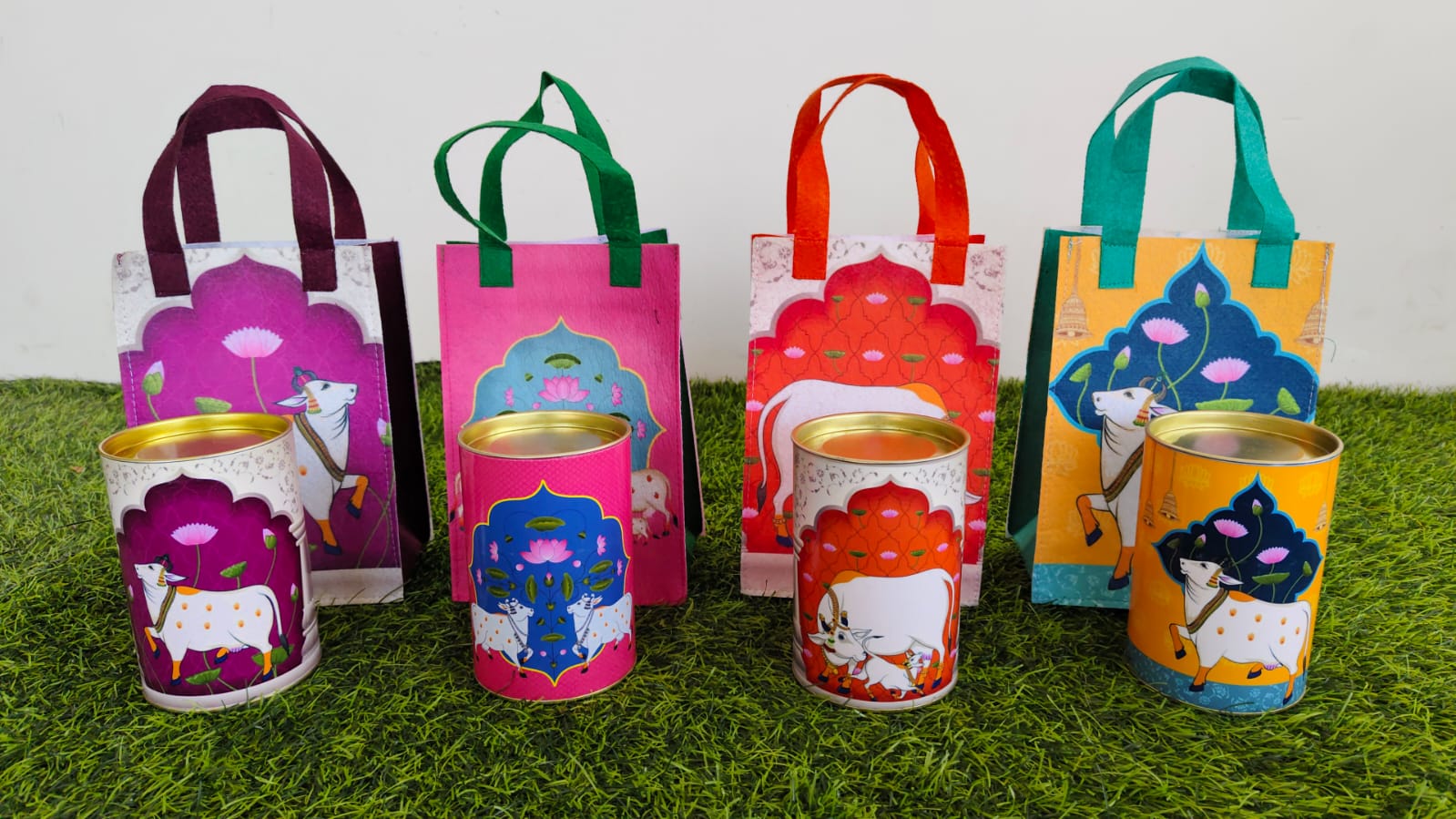 Pichwai Design Felt bags with matching tins | Return Gifts for Wedding Birthdays and festivals