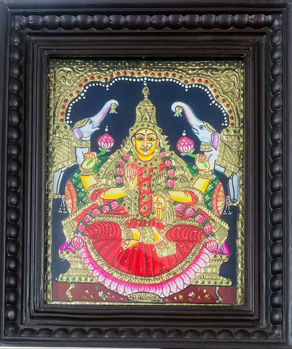 Handcrafted Lakshmi Tanjore Painting with Frame – Gajalakshmi Wall Art for Wealth & Pooja Room Decor