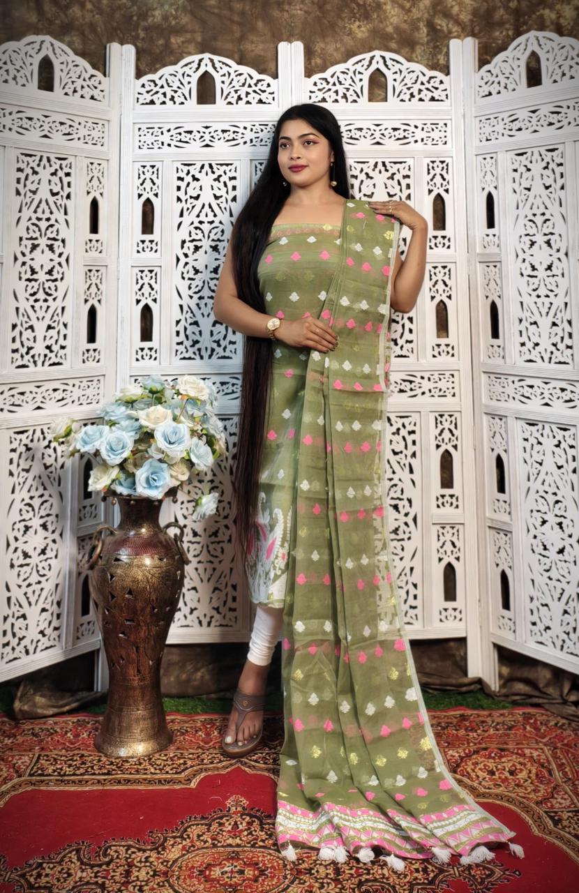 Jamdani Cotton Green color Chudidar Materials online
