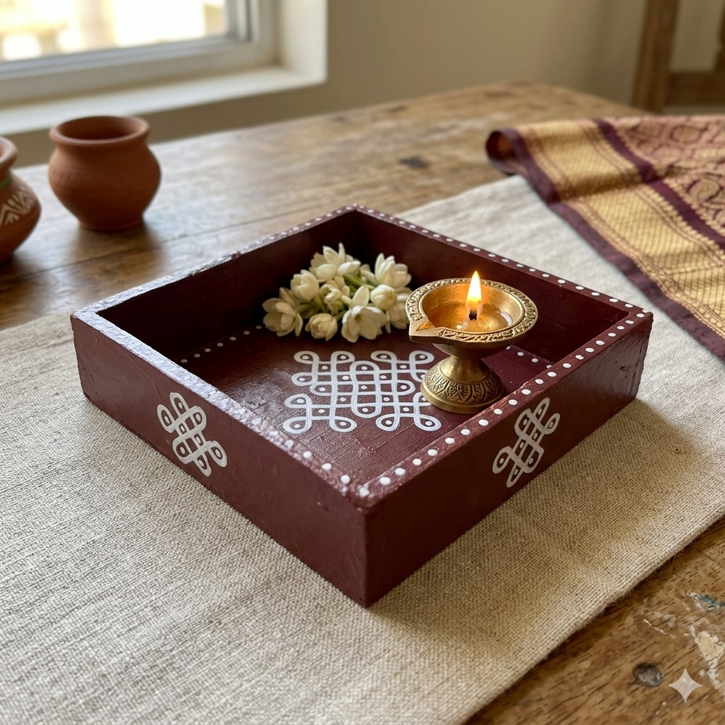 Handcrafted Wooden Tray with Kolam Design (6x6 Inch)