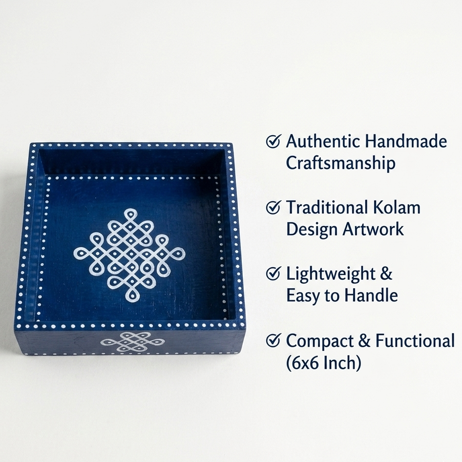 Handcrafted Wooden Tray with Kolam Design (6x6 Inch)