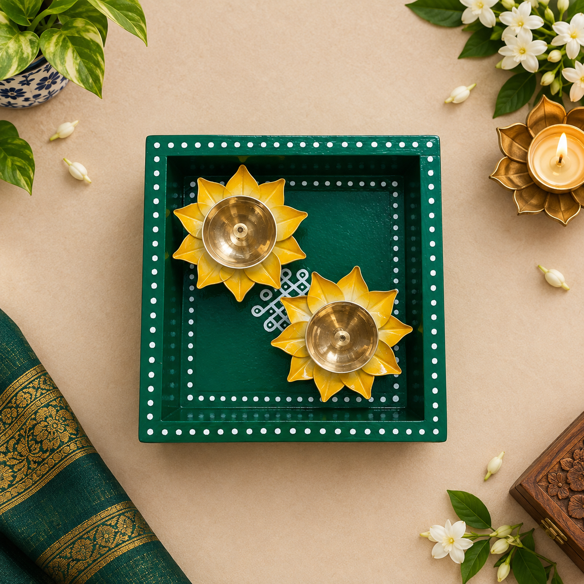 6X6 tray with 2 lotus brass diyas Assorted Colors