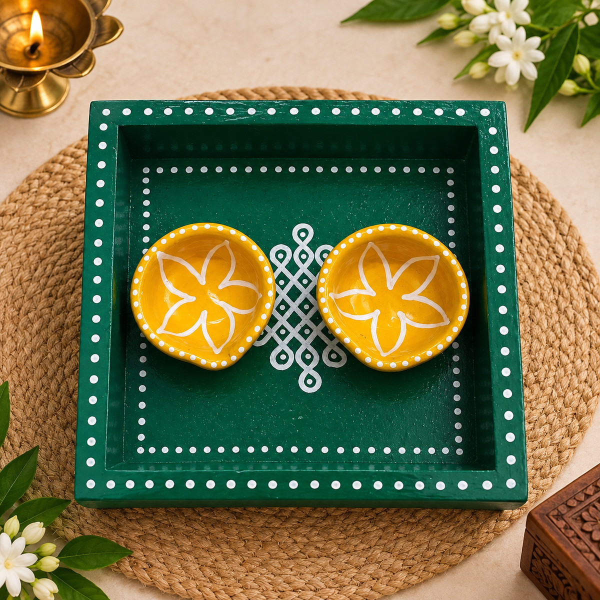 Green 6x6 pine wood kola trays with yellow diyas
