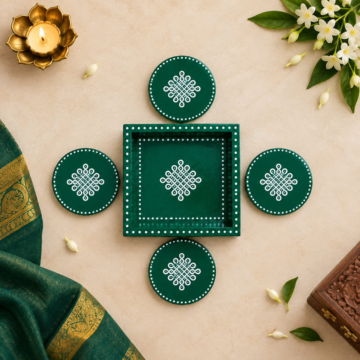 6x6 pine wood kolam trays with matching coasters GREEN