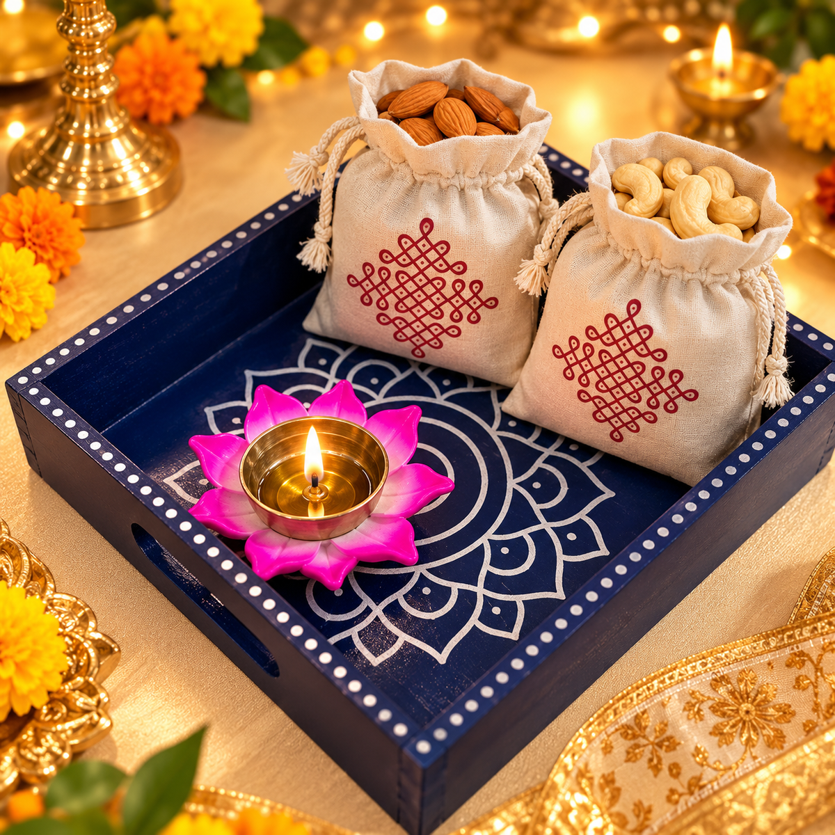 Traditional Decorative Serving Tray for Diwali, Pooja & Return Gifts (8X8 Inch, Blue)
