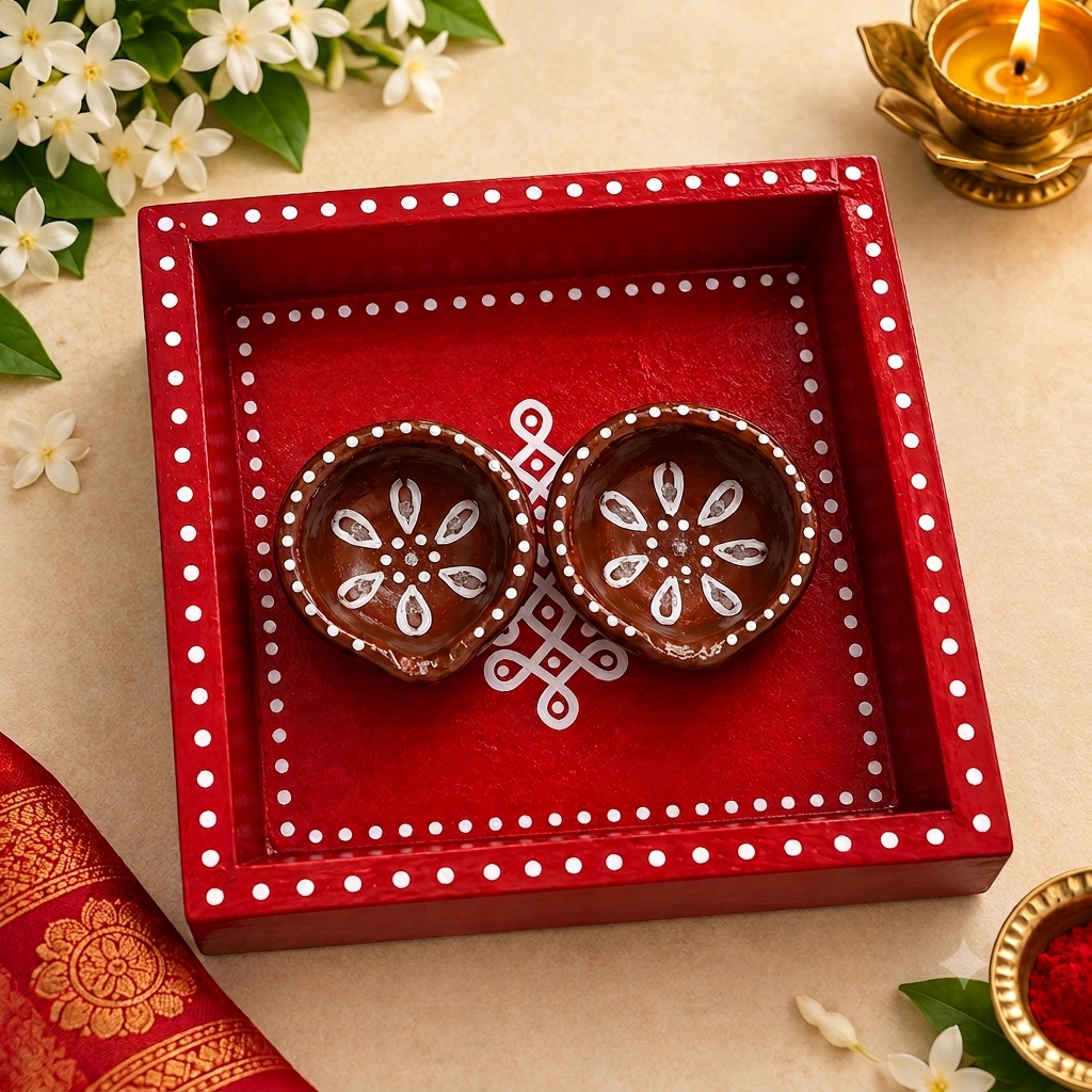Red 6x6 pine wood kolam tray with pair of brown colour diyas