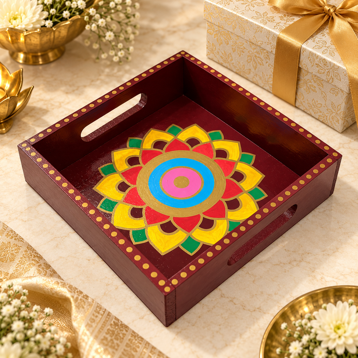 Premium Hand-Painted Mandala Pine Wood Tray | Water-Resistant Traditional & Corporate Gift