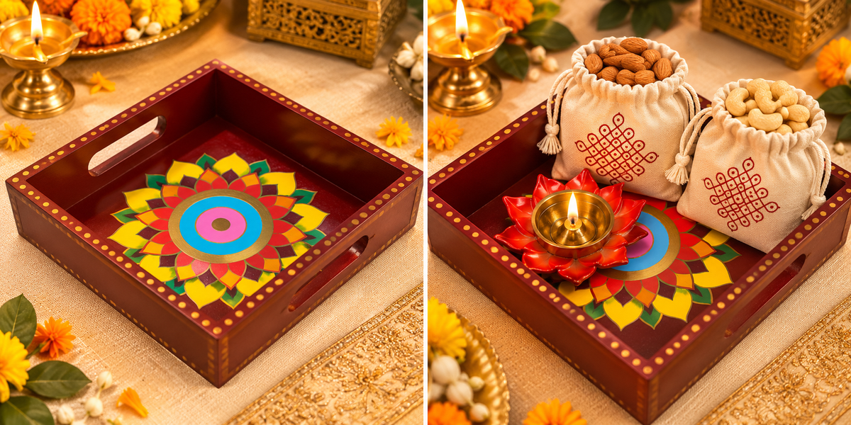 Premium Hand-Painted Mandala Pine Wood Tray | Water-Resistant Traditional & Corporate Gift