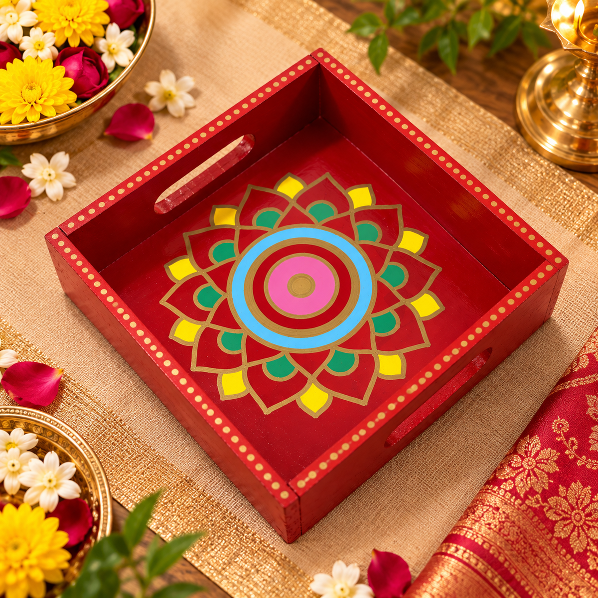 Handpainted Pine Wood Tray | Mandala Wooden Gift & Home Decor Tray 8X8 Inch