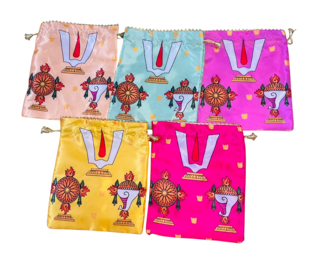 Shanku Chakra Namam Print Satin Potli Bags