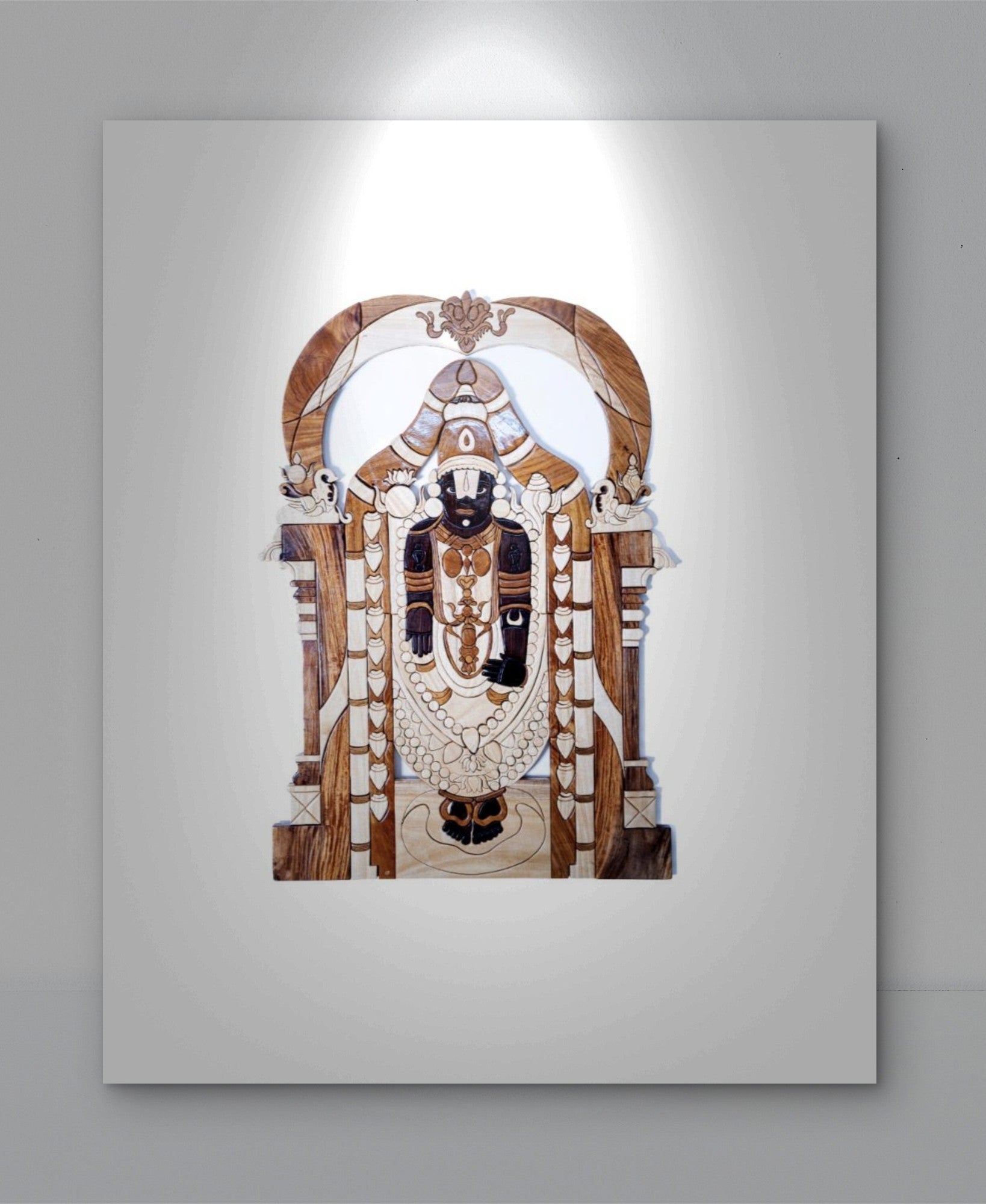 Handcrafted Wooden Lord Venkateswara Wall Panel, Traditional Tirumala Temple Style