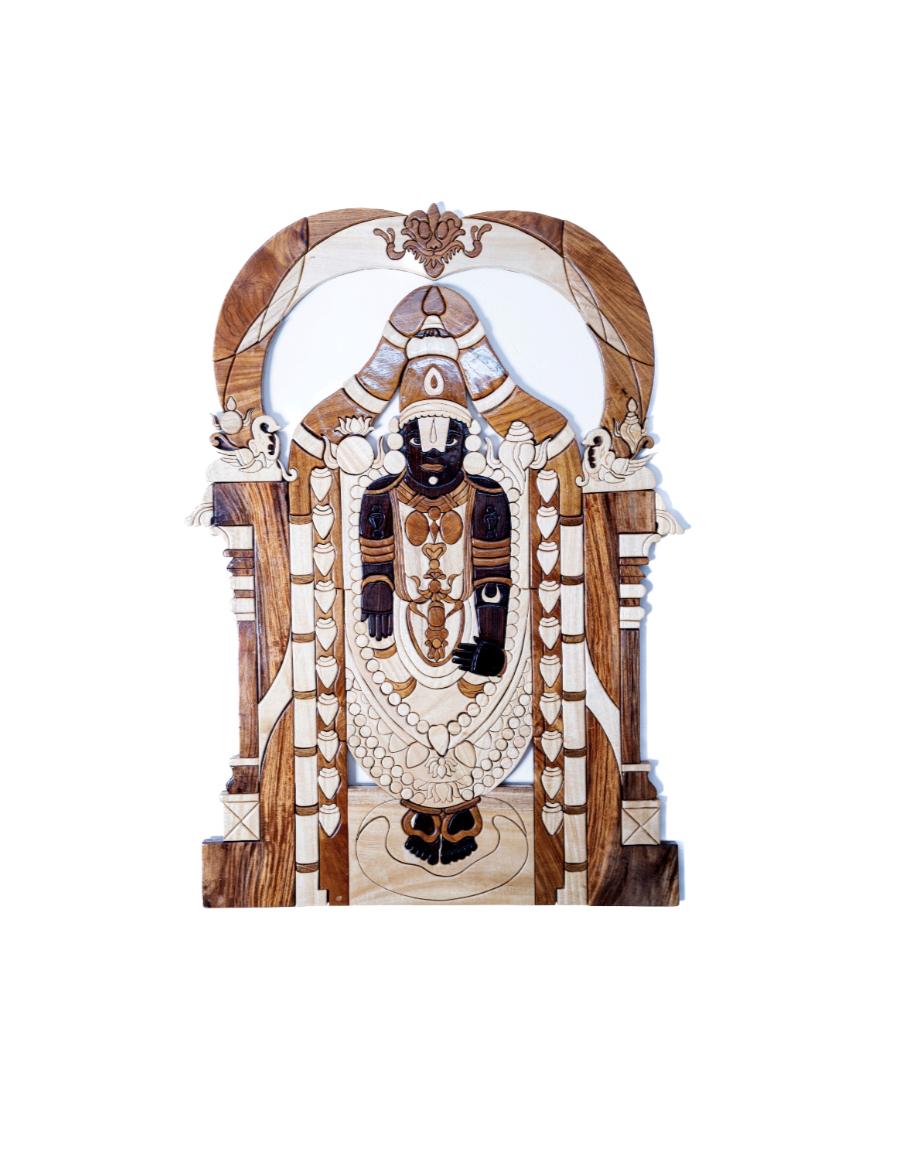 Handcrafted Wooden Lord Venkateswara Wall Panel, Traditional Tirumala Temple Style