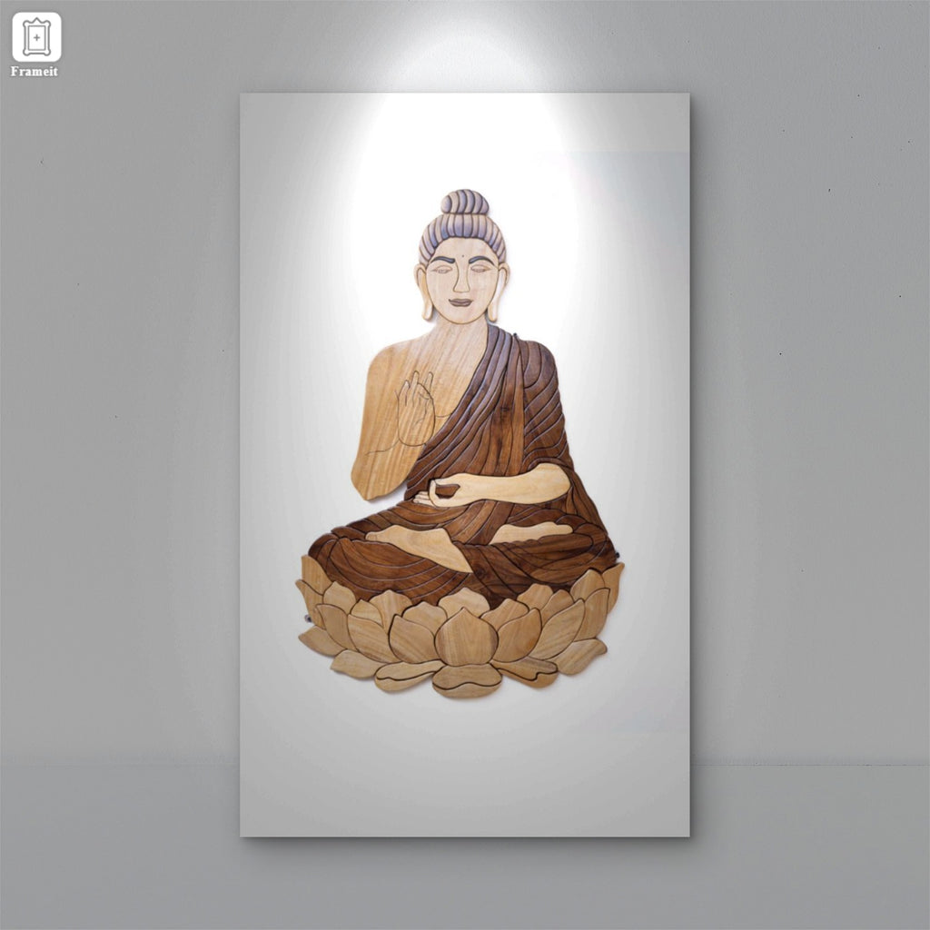 Handcrafted Wooden Lord Buddha Wall Art – Serenity on Lotus