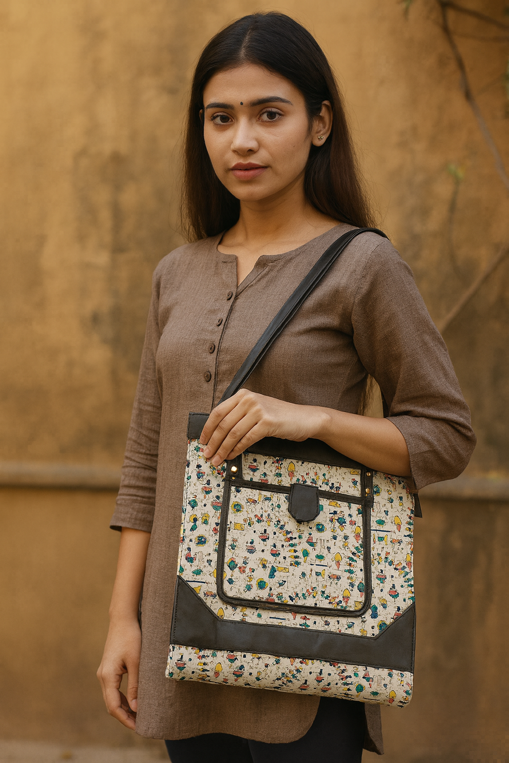 Handcrafted sling bag with warli art print