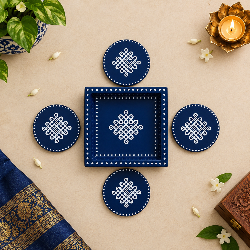 6x6 pine wood kolam trays with matching coasters BLUE