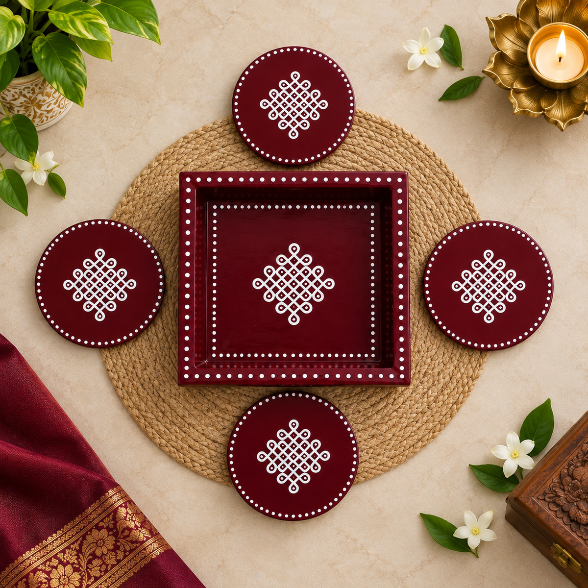 6x6 pine wood kolam trays with matching coasters BROWN