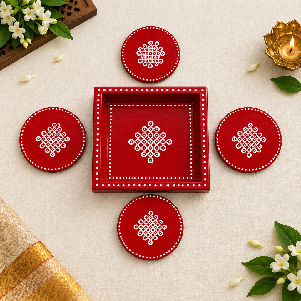 6x6 pine wood kolam trays with matching coasters RED
