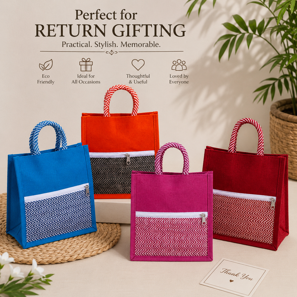 Eco-Friendly Fabric Return Gift Bags with Zipper Pocket | Assorted Colors | Kria Arts