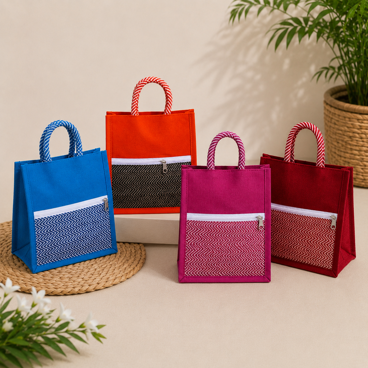 Eco-Friendly Fabric Return Gift Bags with Zipper Pocket | Assorted Colors | Kria Arts