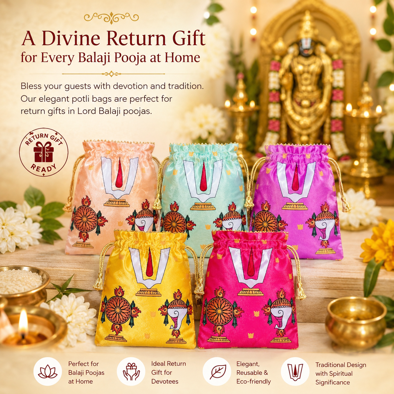 Shanku Chakra Namam Print Satin Potli Bags