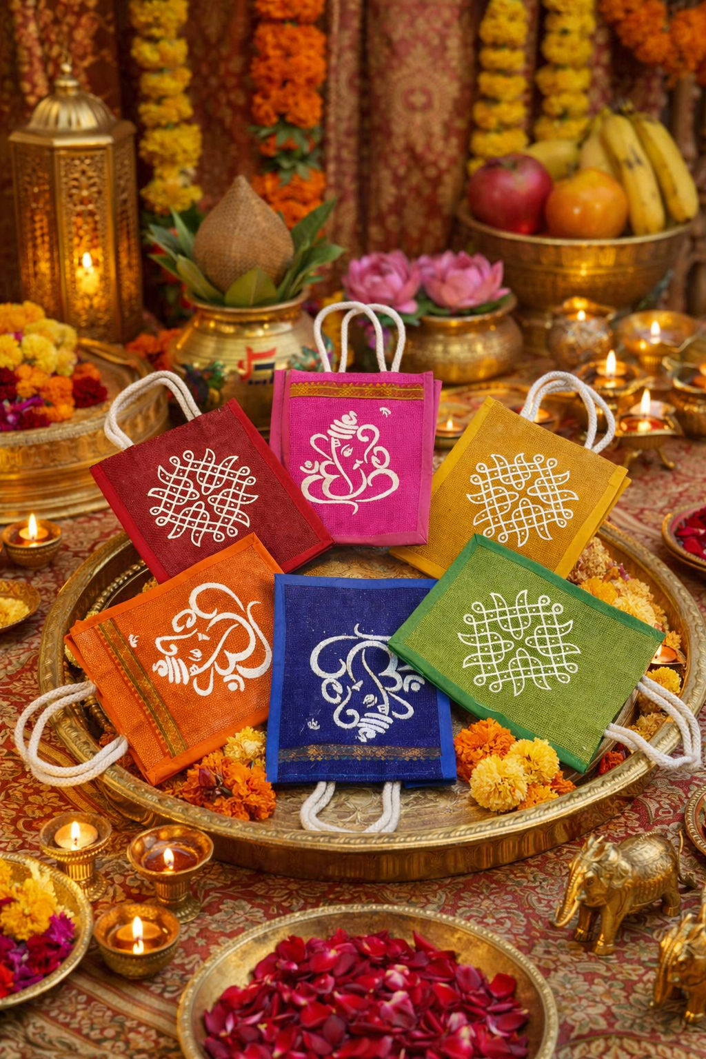 Kolam Design Jute Bags(Pack of 5)