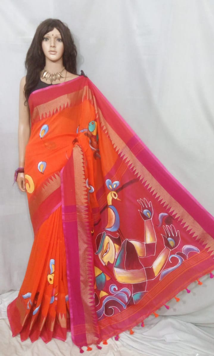 Handpainted Khadi Cotton Saree with Temple Border