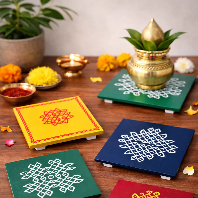 Kolam Print Jute Bag with Kolam Chowki Combo - Traditional Return Gift Set