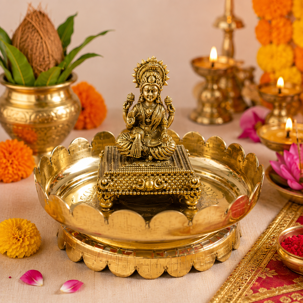 Brass Lakshmi Idol with Decorative Pooja Plate | Lakshmi Pooja Set for Home | Kria Arts