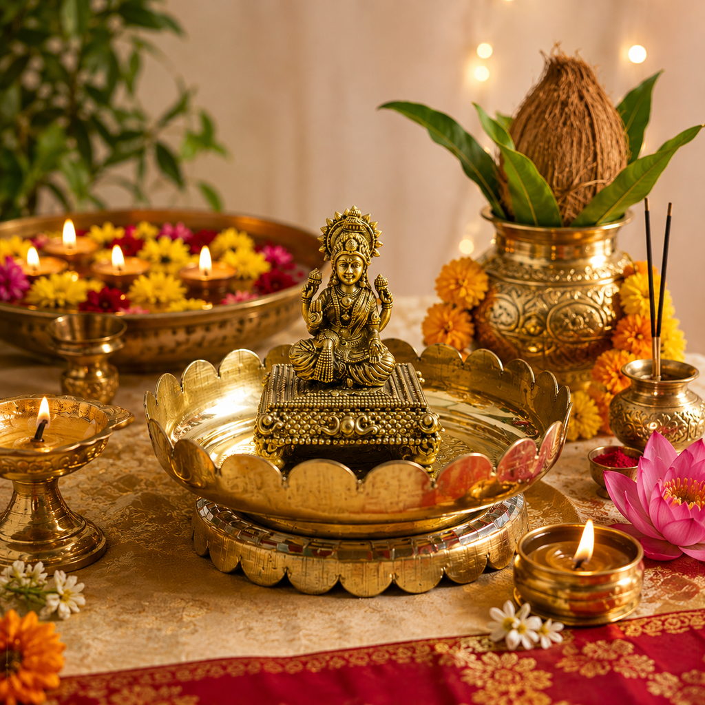Brass Lakshmi Idol with Decorative Pooja Plate | Lakshmi Pooja Set for Home | Kria Arts