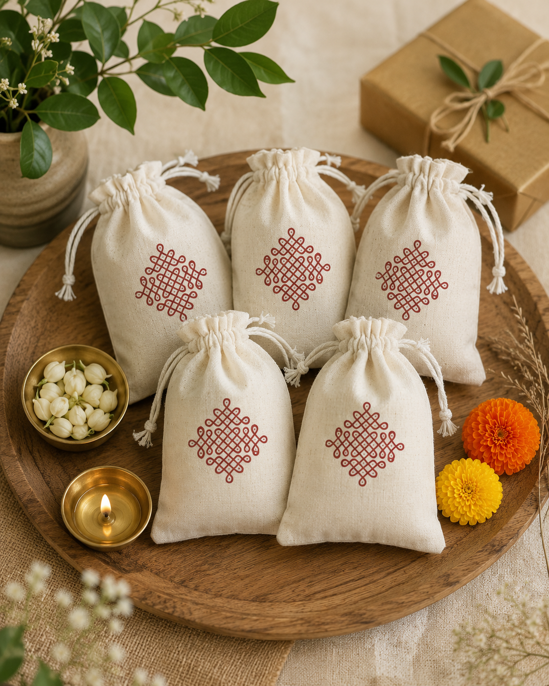 Eco-Friendly Cotton Potli Bags with Traditional Kolam Design (Pack of 5)
