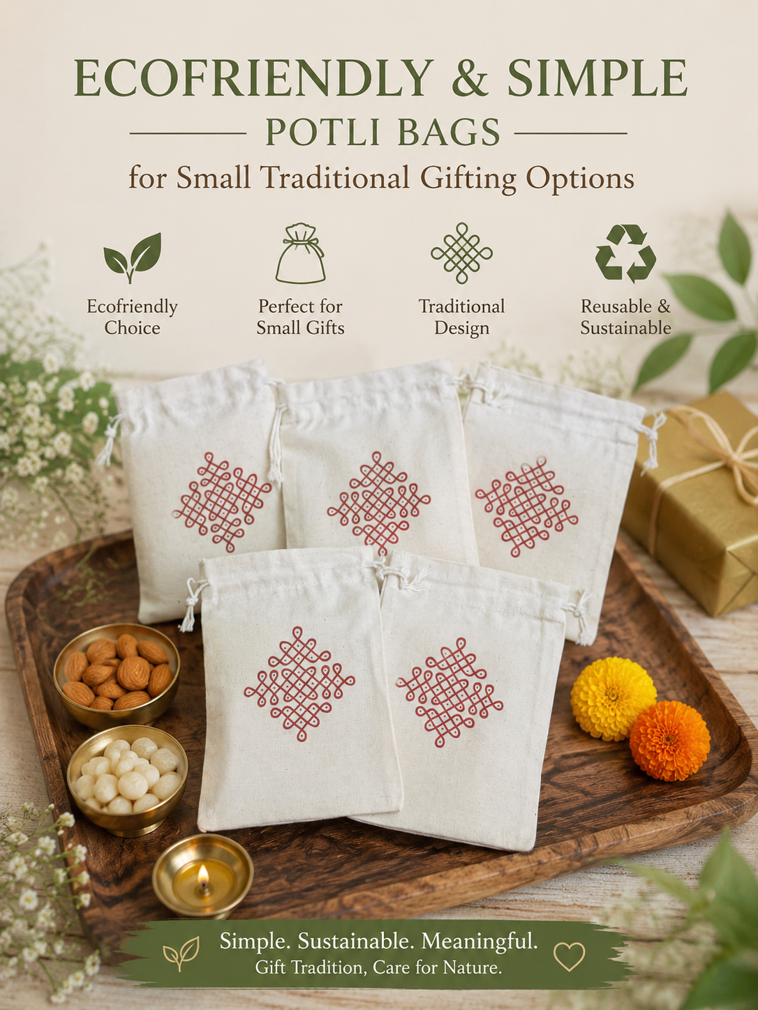 Eco-Friendly Cotton Potli Bags with Traditional Kolam Design (Pack of 5)